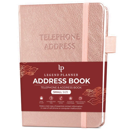 Legend Planner Address Book with Alphabetical Tabs – Mini Telephone Contacts Book for Phone Numbers, Addresses, Passwords, Small (Rose Gold)