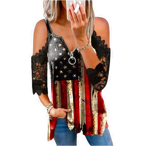 Essential cocoon Womens American Flag Star Striped Lace Cold Shoulder T-Shirts 4th of July Independence Day Graphic Shirts