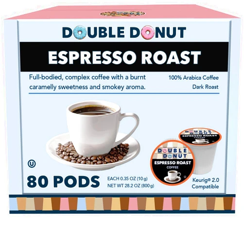 Double Donut Coffee Espresso Coffee Pods (80 Pack) Dark Espresso Roast Coffee, Single-Serve Pods for Keurig K Cup Brewer Machines