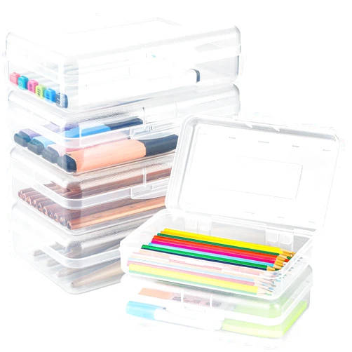 MaxGear 6 Pack Pencil Boxes, Large Capacity Hard Plastic Organizer Bulk with Snap-tight Lid, Stackable Clear Storage Boxes for School, Home & Office