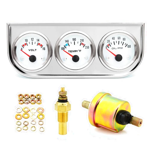 ARTILAURA 52mm Triple Gauge Set (Volt Meter+Water Temp+Oil Pressure Gauge) Dashboard 3 in1 Auto Gauges 3 Gauge Cluster Kit with Silver Console for 12V Car