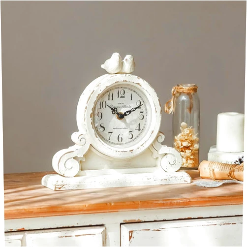 NIKKY HOME Vintage Mantel Table Clock with 2 Birds, Silent Non-Ticking Battery Operated Desk Shelf Rustic Wooden Clock for Living Room Decor - Distressed White