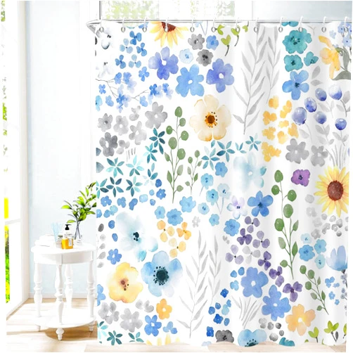 GCIREC Blue Floral Shower Curtain, Spring Cute Colorful Watercolor Wildflowers Botanical Plants Bathroom Curtain Home Bathtub Decor Waterproof Fabric Machine Washable with 12 Hooks,72