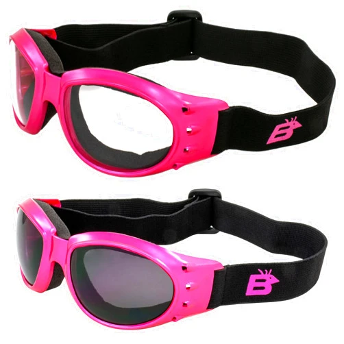 Birdz Eyewear Eagle Padded Womens Motorcycle Goggles 2 Pairs Dirt Bike Goggles Pink Frames with Clear & Smoke Lenses (Pink)
