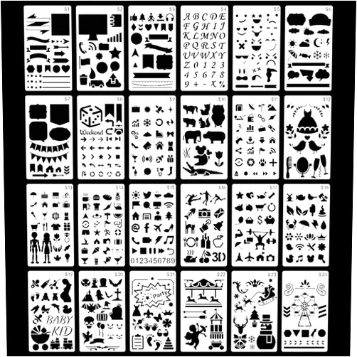 Dstertech 24 PCS Stencil Plastic Set (as The First pic Shows) for Journal/Notebook/Diary/Scrapbook/Drawing & Lettering DIY Drawing Template - 4x7 Inch