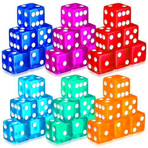 Seenelling 36 Piece 19 mm Casino Style Craps Dice Sets Acrylic and Translucent D6 Dice, Square W/Rounded Edge for Casino, Craps, Dice Table Games and Board Games(6 Colors)