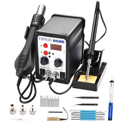 TXINLEI 8586 110V Solder Station, 2 in 1 Digital Display SMD Hot Air Rework Station and Soldering Iron, 12pcs Different Soldering Tips, Tweezers,Desoldering Pump,700W 480℃