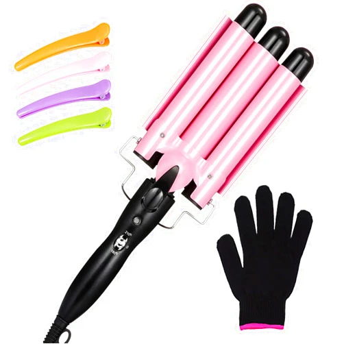 WILLBOND 3 Barrel Curling Iron Wand Hair Waver with Two Temperature Control, 25mm(1 Inch), LCD Lights Indicate, Ceramic Professional Hair Curling Wand with 4 Pcs Hair Clips and Heat Resistant Glove