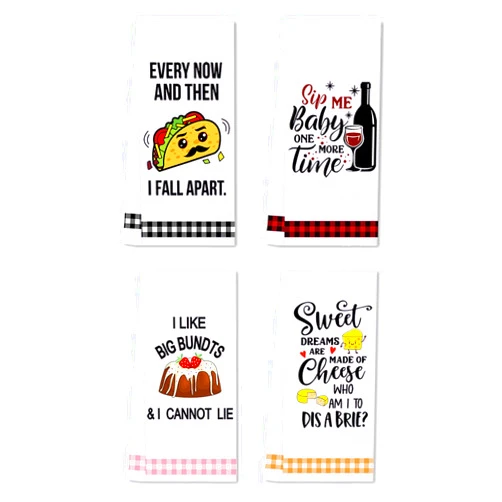 LXOMILL Funny Kitchen Towels, Cute Decorative Dish Towels Sets, Absorbent Waffle Hand Towels, Housewarming Gifts for New Home, Women, Mom, Set of 4, Funny House Warming Presents, Hostess Gifts