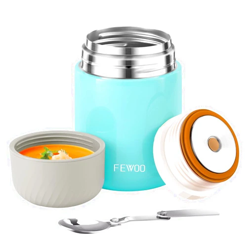 FEWOO Food Thermos - 20oz Vacuum Insulated Soup Container, Stainless Steel Lunch box for Kids Adult, Leak Proof Food Jar with Folding Spoon for Hot or Cold Food (Sky Blue)