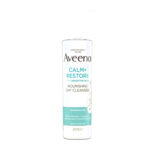 Aveeno Face Calm + Restore Nourishing Oat Cleanser, Gently Cleanses, For Sensitive Skin, With Prebiotic Oat and Calming Feverfew, Fragrance Free, 200ml
