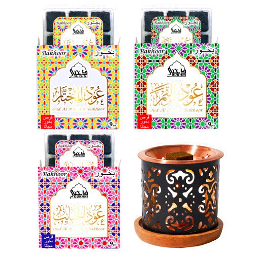 Dukhni Oud Al Mukhtar, Qamar, Habayeb Bakhoor by Dukhni - (3 Trays x 9 Piece Each) & Taj Exotic Burner | Perfect for Prayer & Meditation. Great Gift for Ramadan & Eid