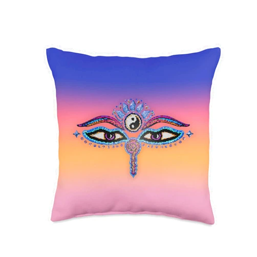 SPIRITUAL SIGNS AND SYMBOLS by yuma Buddha Eyes, Buddhism, yin yang, Lotus Flower, Yoga, Spirit Throw Pillow, 16x16, Multicolor