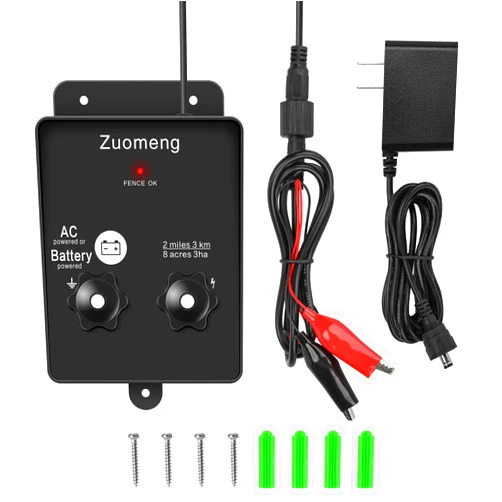 Zuomeng 2-in-1 Electric Fence Energizer, Zuomeng 2-mile 8 Acres Electric Fence Charger Powered by Battery or Power Adapter, 0.1 Joules, Protect Your Livestock Garden Pasture from Wildlife