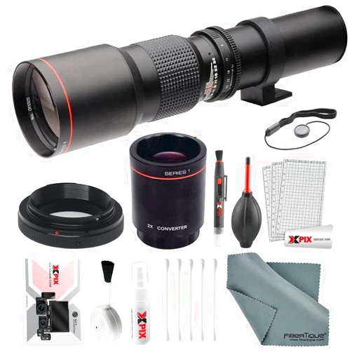 Photo Savings Super-Powered 500mm/1000mm f/8.0 Manual Telephoto Lens (Black) with 2X Professional Multiplier for Canon EOS Digital SLR Cameras and Deluxe Accessory Bundle with Xpix Cleaning Kit