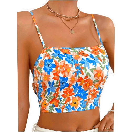 MakeMeChic Women's Boho Floral Print Tie Backless Spaghetti Strap Camisole Sleeveless Crop Cami Top