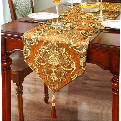 HeMiaor Elegant Floral Chenille Gold Jacquard Table Runner Advanced Caramel-Color with Tassels (60-inches)