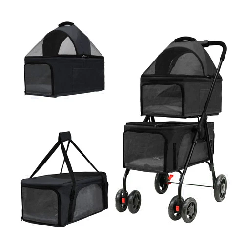 BDL Double Dog Stroller Folding Pet Stroller for 2 Dogs Cats, 4 Wheels Puppy Stroller w/Removable Travel Carrier for Small/Medium Pet（Black）