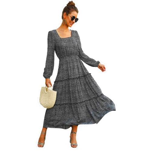 SweatyRocks Women's Long Sleeve Floral Print Flared Flowy Chiffon Maxi Dress