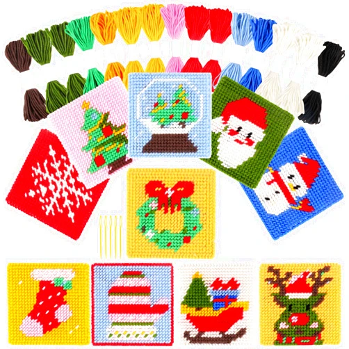 Pllieay Christmas 10-in-1 Cross Stitch Beginner Kit for Kids, Includes Instruction of 10 Different Patterns, 10 Printed Plastic canvases for Needlework, Needlepoint Starter Sewing Set