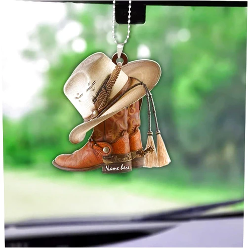 IZI POD Cowboy Ornament, Cowboy Gifts, Cowboy Boots and Hat Car Ornaments Personalized; Custom Christmas Ornament, 2D Arcylic Wood Name Ornament, Custom Christmas Tree Hanging Gifts