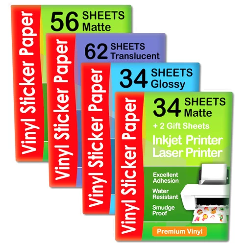 AgoDeo Premium Printable Vinyl Sticker Paper Matte for Inkjet Printer 34 sheets + Premium Printable Vinyl Sticker Paper Glossy for Inkjet Printer 34 sheets + Translucent Clear Sticker Paper for Inkjet Print