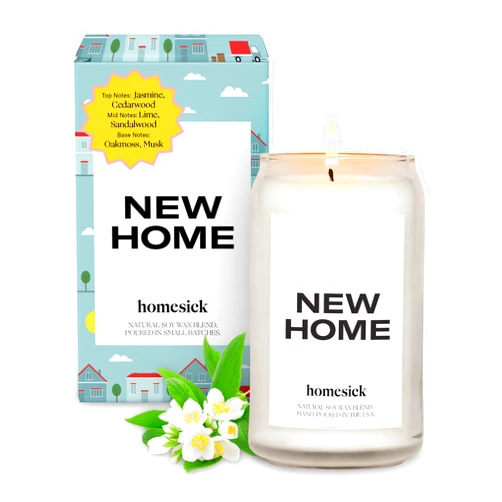 Homesick Scented Candles for Home (New Home) - 13.75 oz Long-Lasting Soy Wax Blend Jar Candle for Housewarming, 60-80 Hours Burn Time - Notes of Jasmine, Cedarwood, Lime, Sandalwood, Oakmoss & Musk