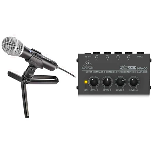 Audio-Technica ATR2100x-USB Cardioid Dynamic Microphone (ATR Series) USB and XLR Outputs & Behringer MICROAMP HA400 Ultra-Compact 4 Channel Stereo Headphone Amplifier,Silver