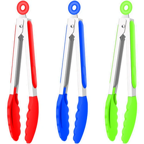 Hotec Silicone Kitchen Tongs for Cooking 9-Inch Serving Tongs with Silicone Tips, Set of 3 (Red Blue Green)