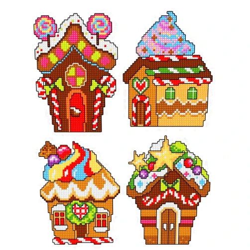 Crafting Spark Counted Cross-Stitch Kit on Plastic Canvas with Gingerbread Houses. 4 Christmas Ornaments Different Dimensions 127CS. Great for Embroidery & Craft Amateurs