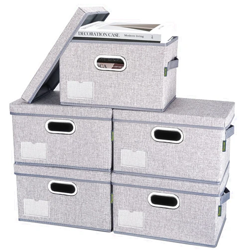 BALEINE Storage Bins with Lids, Foldable Linen Fabric Storage Boxes with Lids, Collapsible Closet Organizer Containers with Cover for Home Bedroom Office (5pack Gray Medium)