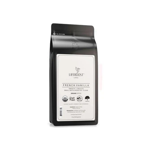Lifeboost French Vanilla Ground Coffee - Non-GMO Low Acid Single Origin USDA Organic Coffee - Third Party Tested For Mycotoxins & Pesticides - 12 Ounces