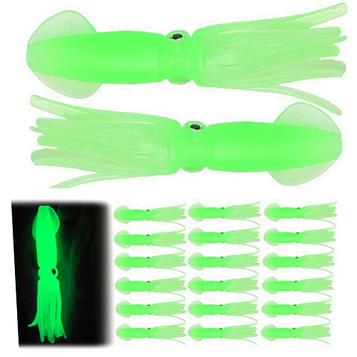 Marsrut 20pcs Glow in the Dark Fishing Lures, Halibut Lures, Squid Bait Skirts for Saltwater Freshwater, Luminous Glowing Octopus Baits Trolling, Soft Hoochies for Fishing Salmon Trout Bass Tuna Marlin, Green
