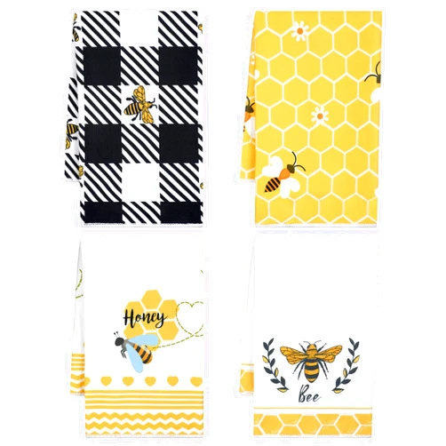 Tegeme 4 Pcs Bee Kitchen Tea Towel Honey Bee Dish Towels Honeycomb Bath Washcloth Hand Polyester Absorbent Cloths Accessories for Kitchen Decor, 16 x 24 Inch(Black Yellow,Honeycomb)