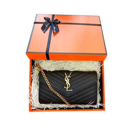 LOBAVE Gift Pack for Saint Laurent Monogram Chain Wallet Embossed Leather Shoulder Bag Gift Box (Black GoldYSL)