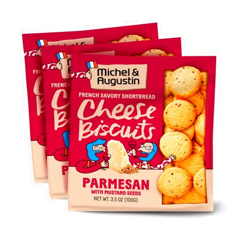 Michel et Augustin Gourmet Cheese Crackers, Crispy French Shortbread Snacks, Parmesan Cheese Biscuits with Mustard Seeds, Savory Party Crackers, 3-Pack, 3.5 oz. Bags