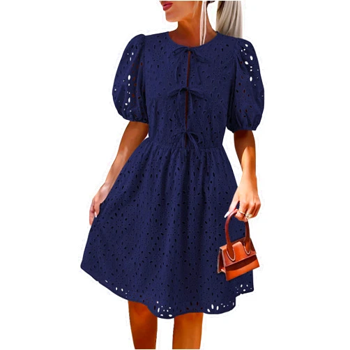 KIRUNDO Womens Summer Dresses 2025 Short Puff Sleeve Tie Front Eyelet Hollow Out A Line Wedding Guest Beach Sundress