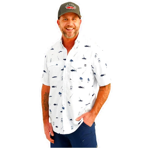 HUK Men's Standard Tide Point Pattern Short Sleeve Shirt, Fishing Button Down, White