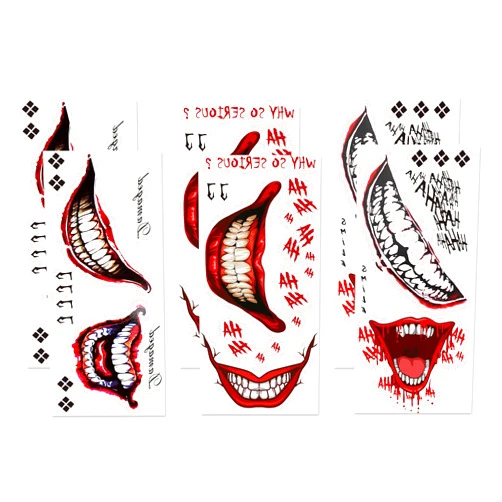 Kotbs 6 Sheets Creepy Smile Halloween Temporary Tattoos - Removable Mouth and HA HA Tattoos for Men, Women, Adults, and Kids Cosplay and Costume Parties