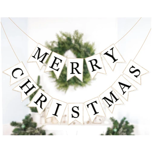 Whaline 2Pcs Christmas Burlap Banner Felt Merry Christmas Banner Black White Pre-Assembled Xmas Bunting Garland for Home Party Hanging Decoration Supplies