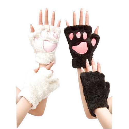 OTPEH 2 Pairs Cat Paw Gloves Fingerless Furry Cat Costume Black And White For Women Costume Accessories