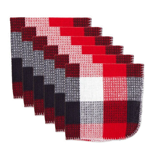 DII Tri-Color Check Collection Kitchen, Scrubber Dishcloth, Cardinal Red, 6 Piece