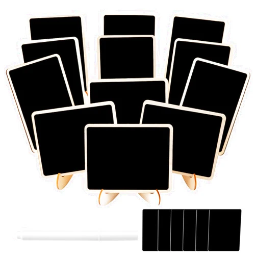 JEFURE 12 Pcs Rectangle Mini Chalkboard Signs, Small Chalkboard Labels with Easel Stand, Wooden Blackboard for Table Numbers, Food Signs, Wedding Signs, Place Cards and Party, 1 Liquid Chalk