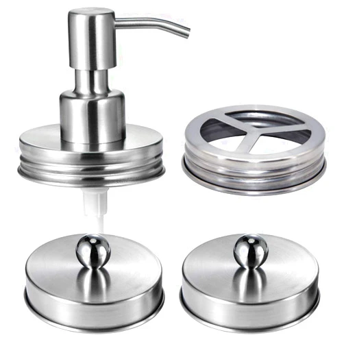 Komashr Mason Jar Bathroom Accessories Lids Set(4pcs) -Jars Not Included -Soap Dispenser,Toothbrush Holder,and Apothecary Storage Jars Lids for Regular Mouth Mason Jars -Rustic Farmhouse Decor, Brushed Nickel