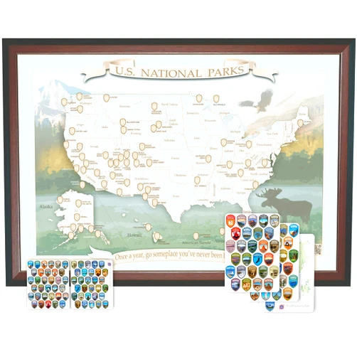 Handmade National Parks Map Push Pin, 3D Domed Stickers with 1 x 1.5 inch collection for passport book | Poster travel map in mahogany/black frame | Large map. Map size including frame 28 x 19 inches