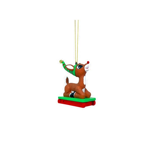 Department 56 Rudolph The Red-Nosed Reindeer Riding a Sled Hanging Ornament, 2.95 Inch, Multicolor