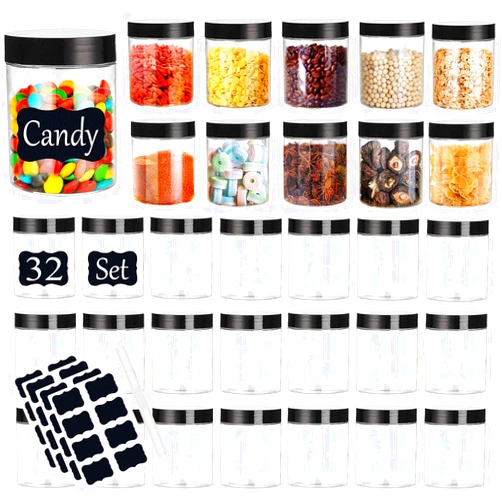 Hajoyful Plastic Jars with Lids Empty Slime Cosmetics Containers Clear Gift Food Jars Round PET Cream Jars with Black Lids Pen Labels for Kitchen Storage Spices Dry Food Body Butter Making(8OZ 32PCS)