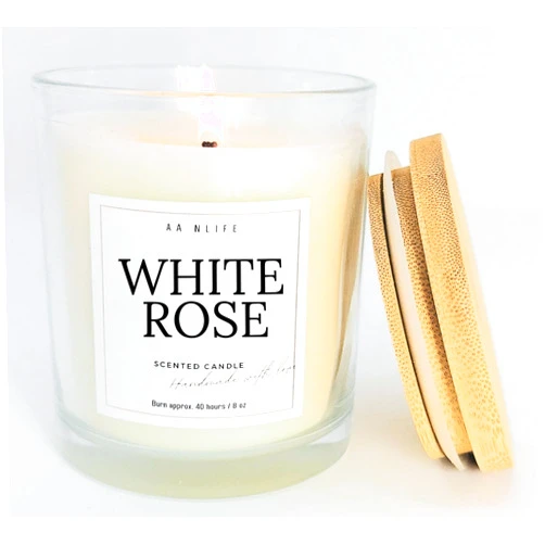 Handmade Scented Candle White Rose, Scent: Rose, Jasmine, Floral Womens Fragrances, Gifts for Women, Home Luxury Scents, Aesthetic Home Decor, Organic Soy Wax Candles, Long Lasting 40 Hour Burn, USA