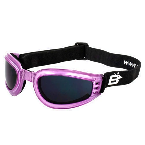 Birdz Eyewear Cardinal Padded Floating Motorcycle Goggles for Women Translucent Pink Frame with Clear Lenses Folding Goggles