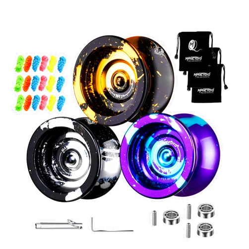 MAGICYOYO Pack of 3 Dual Purpose Yoyos- N11 Responsive& Unresponsive Yoyo with Bearing for Advanced + Bearing Tool + 3 Bags +18 Yoyo Strings - Black Golden, Black Silver, Purple Blue